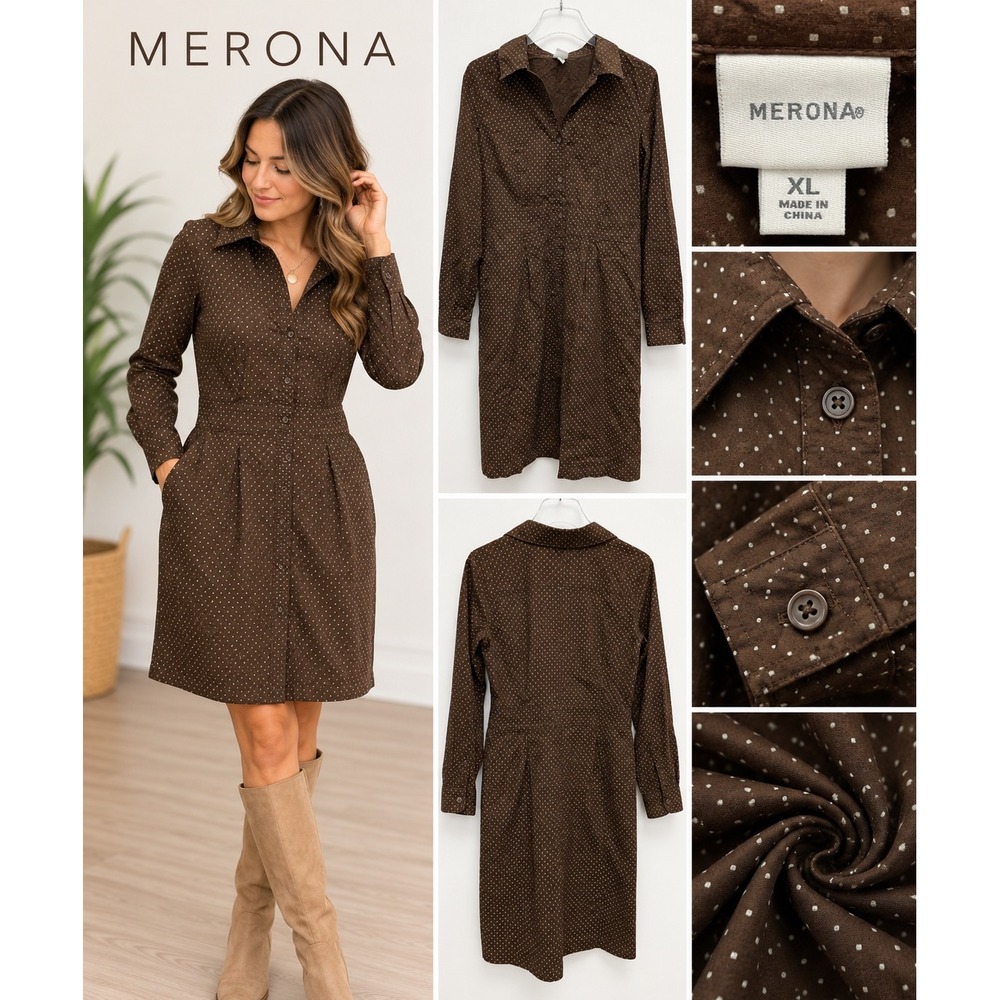 Merona Brown Polka Dot Button Front Shirt Dress Long Sleeve Pockets XL